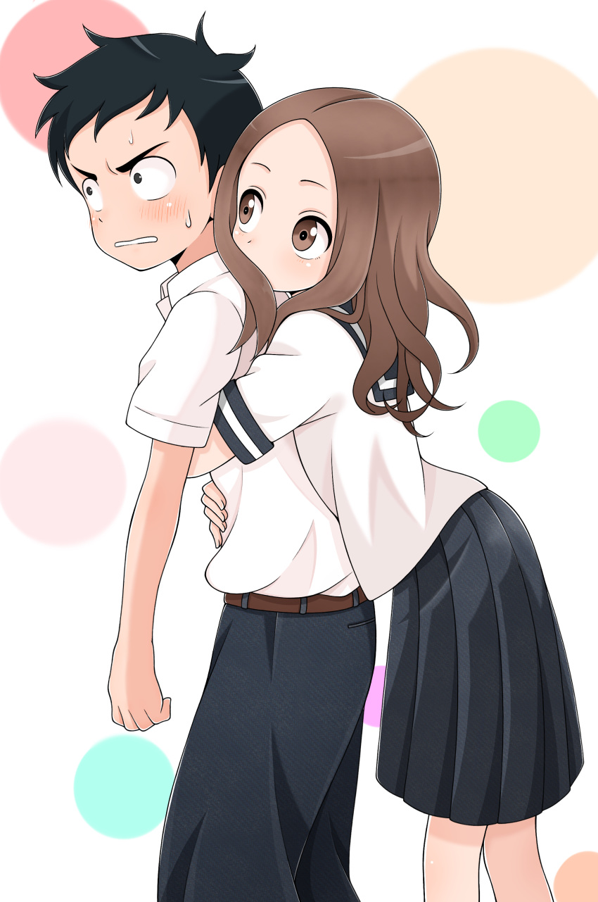 1boy absurdres belt black_hair blue_sailor_collar blush breast_press breasts_on_another's_back brown_eyes brown_hair female flat_chest forehead highres hug hug_from_behind ito_kashiwamochi karakai_jouzu_no_takagi-san nishikata pants sailor_collar school_uniform serafuku shirt skirt takagi-san upturned_eyes white_shirt