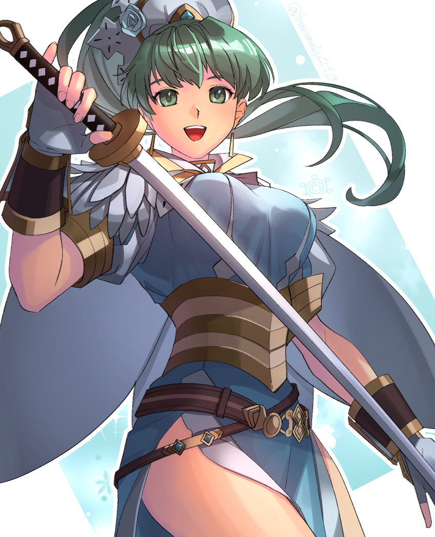 alternate_costume asagi_(banzoku210) belt blue_dress capelet dress female fingerless_gloves fire_emblem fire_emblem:_the_blazing_blade fire_emblem_heroes gloves green_eyes green_hair hair_ornament high_ponytail highres katana long_hair looking_at_viewer lyn_(fire_emblem) lyn_(resplendent)_(fire_emblem) official_alternate_costume open_mouth ponytail smile solo sword thighs weapon white_capelet