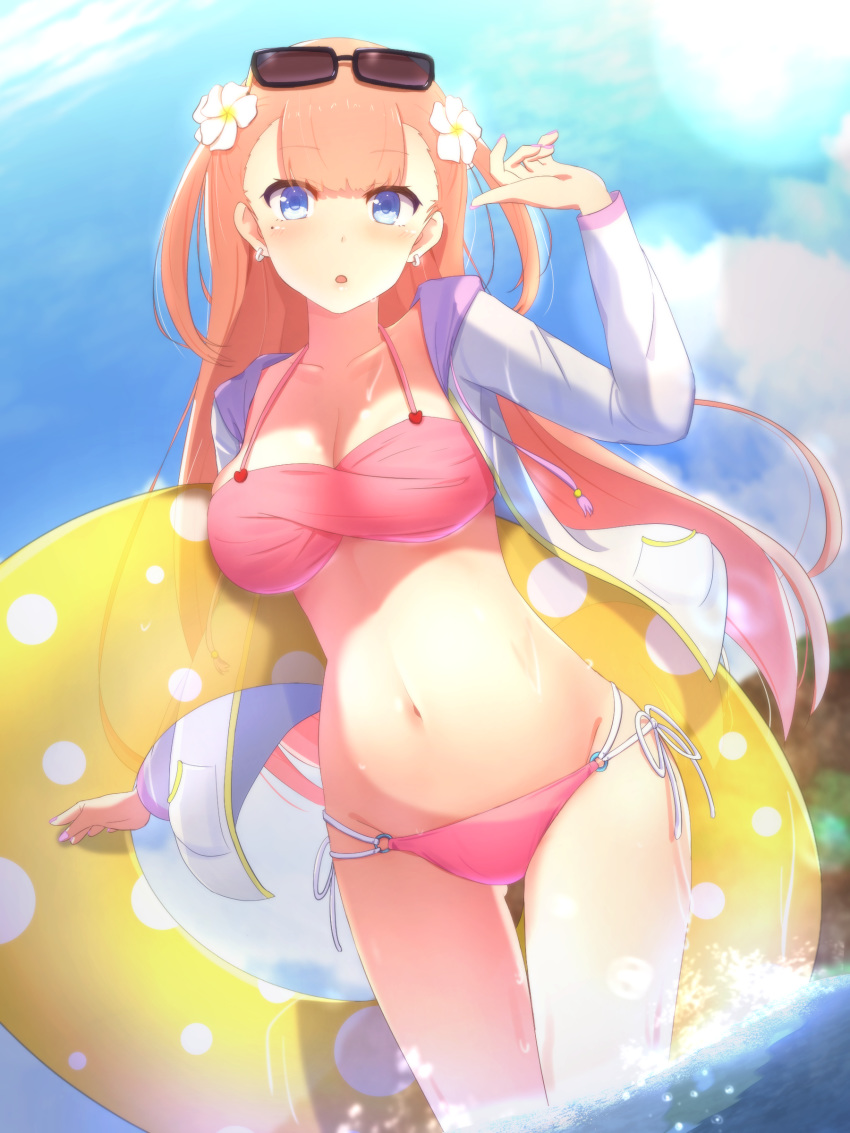 :o absurdres bikini blue_eyes blush breasts cleavage commentary_request cowboy_shot cuon_(kuon) eyewear_on_head female flower hair_flower hair_ornament highres himeno_airi iriam large_breasts long_hair looking_at_viewer midriff mole mole_under_eye navel pink_bikini solo sunglasses sweater swimsuit two_side_up virtual_youtuber wading white_sweater