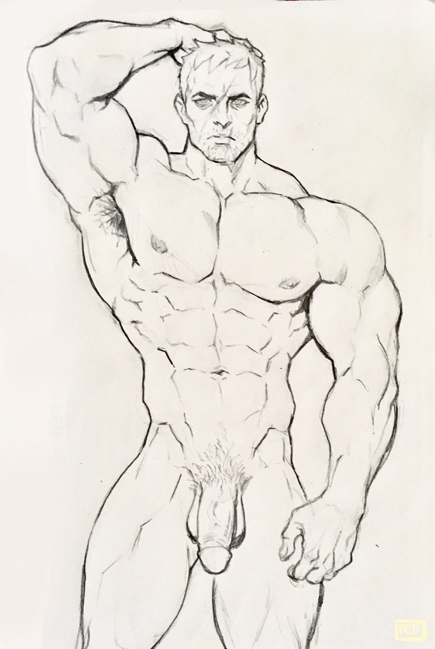 1boy abs armpit_hair armpits bara completely_nude feet_out_of_frame flaccid greyscale hand_on_own_head highres large_pectorals looking_at_viewer male_focus mature_male monochrome muscular muscular_male navel navel_hair nipples nude old old_man overwatch overwatch_1 pectorals penis redgart scar scar_on_cheek scar_on_face short_hair soldier:_76_(overwatch) solo standing stomach testicles thick_thighs thighs traditional_media uncensored