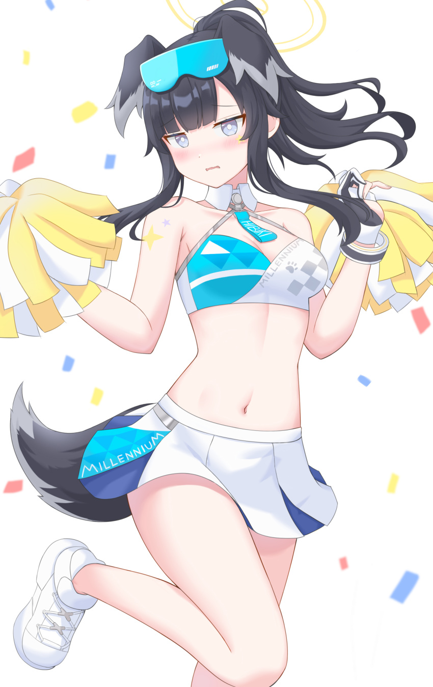 absurdres animal_ears black_hair blue_archive blush bracelet breasts cheerleader cleavage commentary confetti crop_top dog_ears dog_girl dog_tail eyewear_on_head female frown gloves grey_eyes halo halter_shirt halterneck hibiki_(blue_archive) hibiki_(cheer_squad)_(blue_archive) highres holding holding_pom_poms jewelry jitome kyujuukyu long_hair looking_at_viewer medium_breasts midriff navel open_mouth partially_fingerless_gloves pleated_skirt pom_pom_(cheerleading) ponytail shoes skirt sneakers solo standing standing_on_one_leg tail wavy_mouth