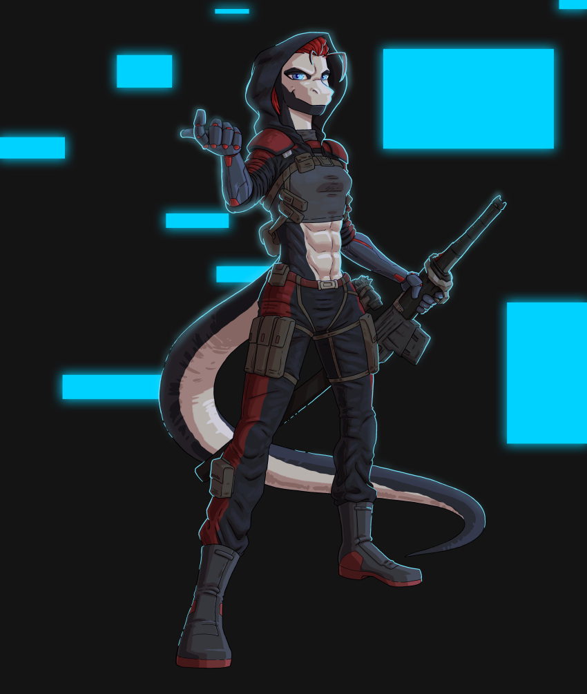 absurd_res alternative_fashion anthro blue_eyes cybernetic_arm cybernetic_limb cyberpunk cyberpunk_clothes female hair hi_res katana konami melee_weapon metal_gear metal_gear_rising:_revengeance pencilsmith_artwork platinumgames pouches punk punk_hair red_hair reptile scalie shadowrun snake solo sword tactical_gear tomboy weapon xira_decobray