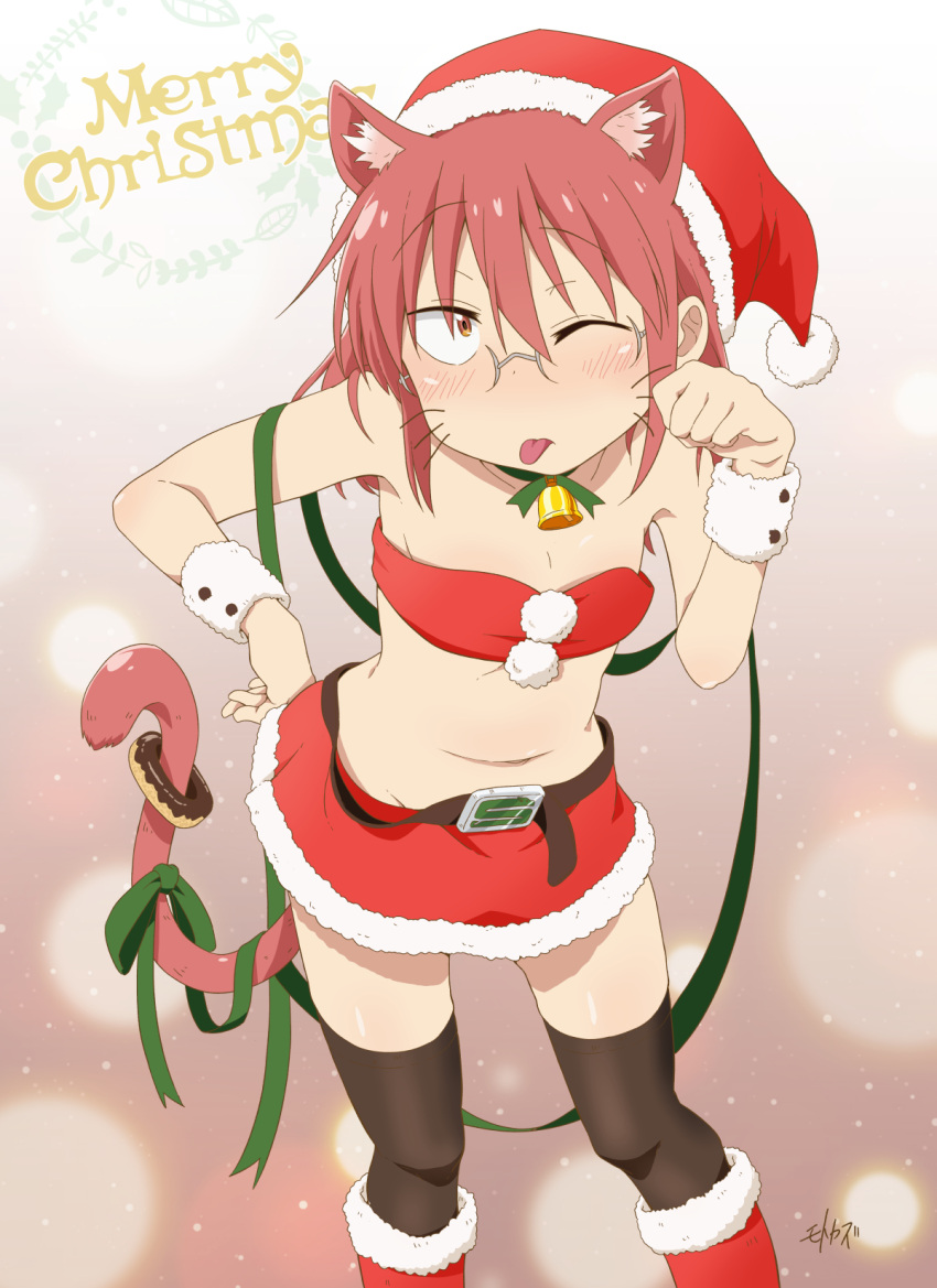 :p alternate_hairstyle animal_ears artist_name bell belt bikini black_belt black_thighhighs blush boots breasts brown_eyes cat_ears cat_tail christmas commentary doughnut english_text female food fur-trimmed_skirt fur_cuffs fur_trim glasses green_ribbons hair_down hand_on_own_hip hat highres kemonomimi_mode kobayashi-san_chi_no_maidragon kobayashi_(maidragon) looking_at_viewer medium_hair merry_christmas miniskirt motokazu_(dontokodon) navel neck_bell neck_ribbon one_eye_closed paw_pose red_bikini red_footwear red_hair red_hat red_skirt ribbon rimless_eyewear santa_bikini santa_boots santa_costume santa_hat semi-rimless_eyewear signature skirt small_breasts snowing solo standing strapless strapless_bikini swimsuit tail tail_ornament tail_ribbon text_background thighhighs tongue tongue_out whiskers