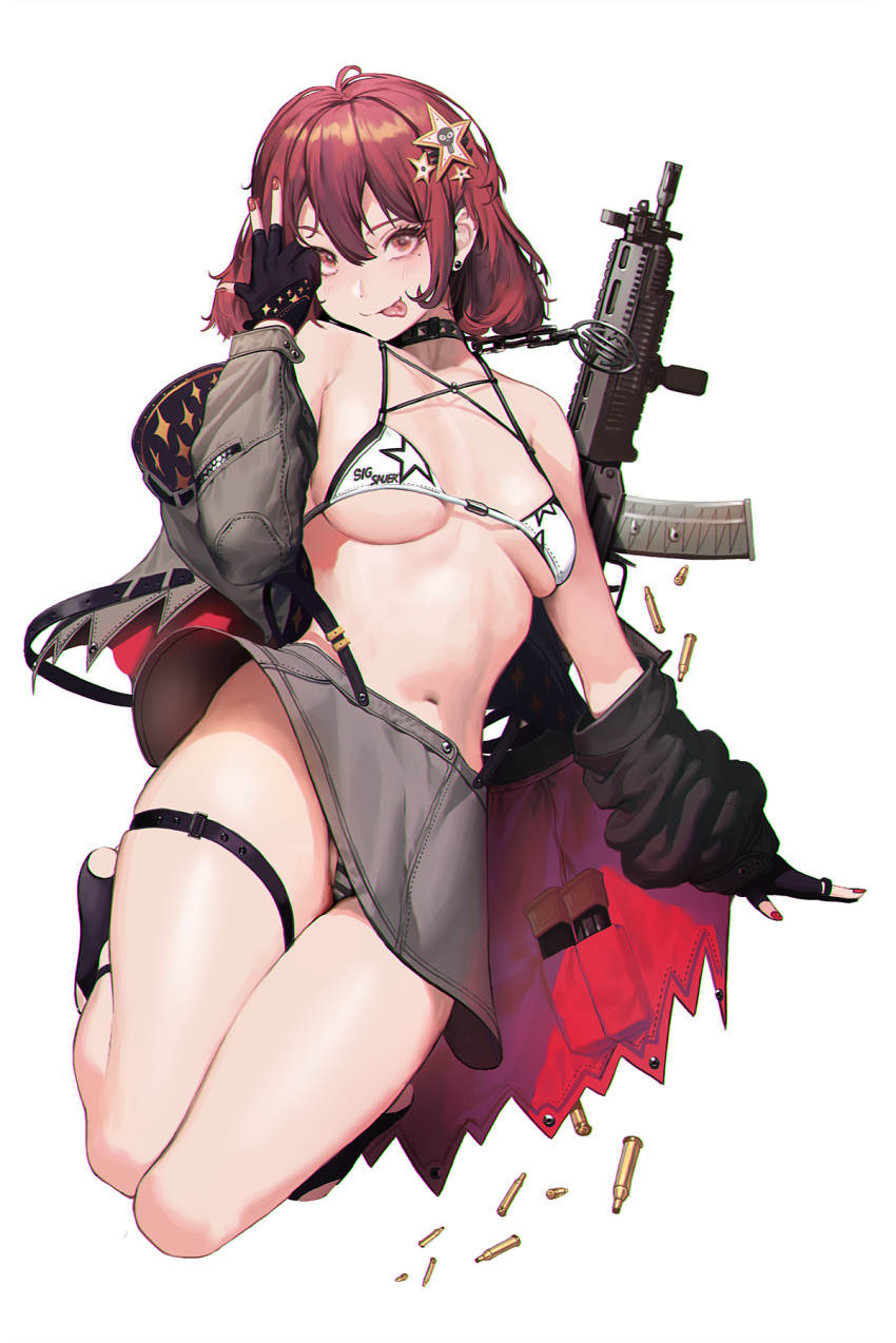 assault_rifle bikini bikini_under_clothes breasts choker closed_mouth commentary_request earrings female fingerless_gloves full_body gloves grey_skirt gun hair_between_eyes hair_ornament hairpin highres ihobus jacket jewelry korean_commentary looking_at_viewer magazine_(weapon) medium_breasts miniskirt mole mole_under_eye nail_polish original panties red_eyes red_hair rifle shell_casing short_hair sig_551 sig_sauer simple_background skirt solo striped_clothes striped_panties swimsuit thigh_strap tongue tongue_out underwear upskirt weapon white_background white_bikini