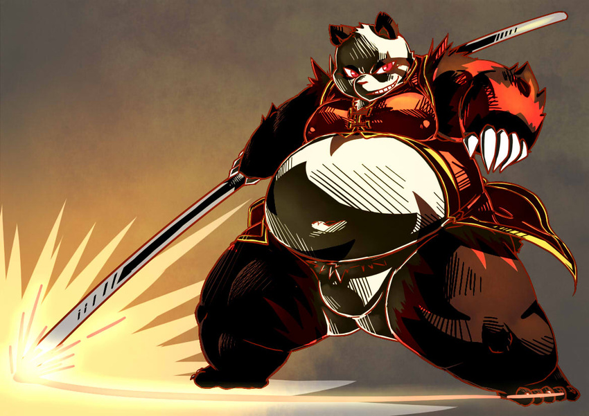 2014 anthro bear black_body black_fur chiro_(artist) clothed clothing fanfan fur giant_panda kemono male mammal overweight overweight_anthro overweight_male red_body red_fur solo weapon white_body white_fur