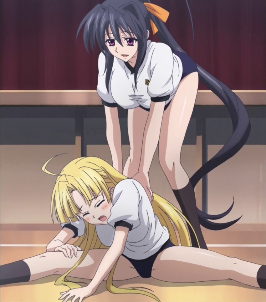 2girls absurdly_long_hair asia_argento black_hair blonde_hair breasts closed_eyes high_school_dxd highres himejima_akeno large_breasts long_hair multiple_girls purple_eyes socks spread_legs very_long_hair