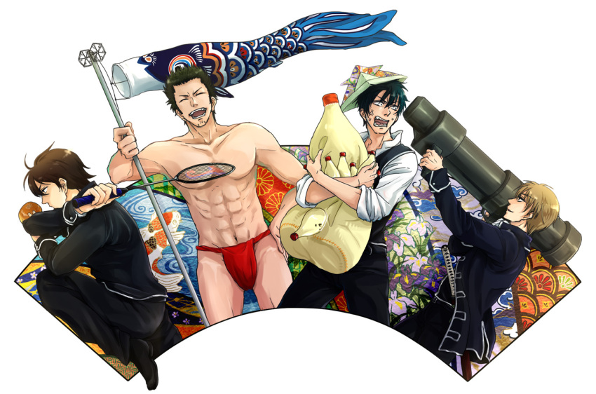 4boys badminton_racket commentary_request fundoshi gintama hijikata_toushirou japanese_clothes kodomo_no_hi koi koinobori kondou_isao male_focus mayonnaise military military_uniform multiple_boys nijita okita_sougo paper_hat paper_kabuto pillow racket rocket_launcher topless_male uniform weapon windsock yamazaki_sagaru