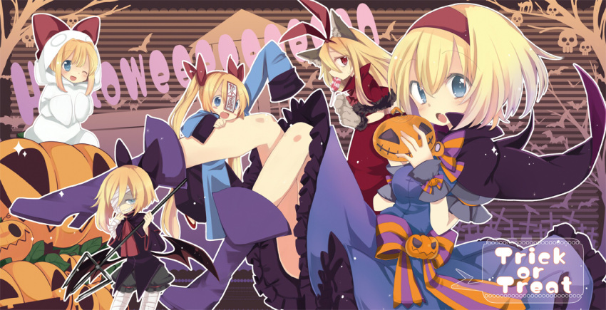 :o alice_margatroid alternate_costume alternate_hairstyle animal_hands bandages blue_eyes boots bow candy cape commentary_request female food food_in_mouth gloves grin hairband hairbow halloween hood hoodie hourai_doll jack-o'-lantern lollipop looking_at_viewer mouth_hold ofuda oinari_(tensaizoku) one_eye_closed paw_gloves polearm red_eyes shanghai_doll sharp_teeth short_hair smile solo teeth touhou trick_or_treat trident twintails weapon