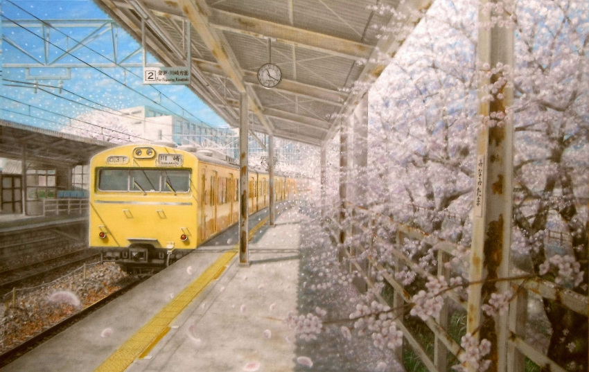 akashi_kaikyou analog_clock building clock commentary_request highres no_humans oil_painting_(medium) original outdoors painting_(medium) petals railroad_tracks real_world_location realistic scenery tactile_paving traditional_media train train_station tree