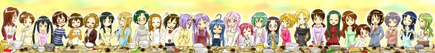 6+girls absurdres ahoge akiyama_mio apron asahina_mikuru asakura_ryouko black_hair blonde_hair blue_hair brown_hair chocolate company_connection cooking egg everyone flour food glasses green_hair hair_ornament hairband hairclip highres hiiragi_kagami hiiragi_tsukasa hirasawa_ui hirasawa_yui iwasaki_minami izumi_konata k-on! kimidori_emiri kitchen_knife knife kobayakawa_yutaka kotobuki_tsumugi kuroi_nanako kusakabe_misao kyon's_sister kyoto_animation long_hair lucky_star manabe_nodoka minegishi_ayano mori_sonou multiple_girls nagato_yuki nakano_azusa narumi_yui patricia_martin pink_hair purple_hair suzumiya_haruhi suzumiya_haruhi_no_yuuutsu tainaka_ritsu takara_miyuki tamura_hiyori tsuruya twintails very_long_hair wide_image yamanaka_sawako