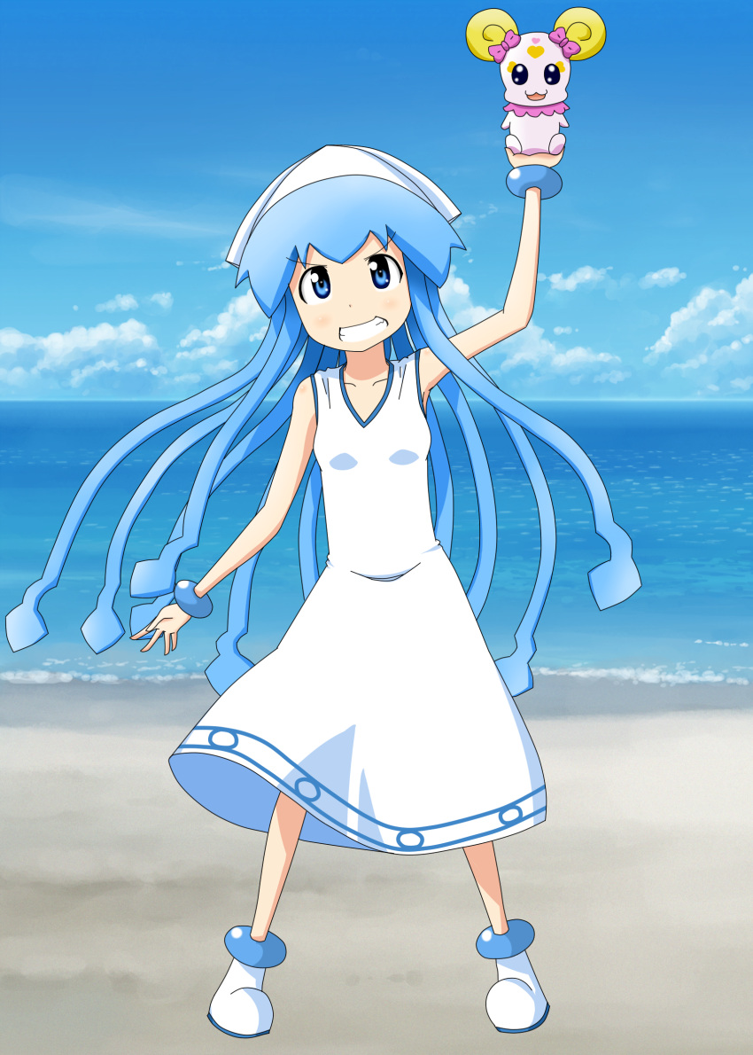 bad_id bad_pixiv_id beach blue_eyes blue_hair bow candy_(smile_precure!) commentary_request crossover dress female grin hat highres ikamusume k.u.n.e. kanemoto_hisako long_hair pink_bow precure shinryaku!_ikamusume smile smile_precure tentacle_hair voice_actor_connection