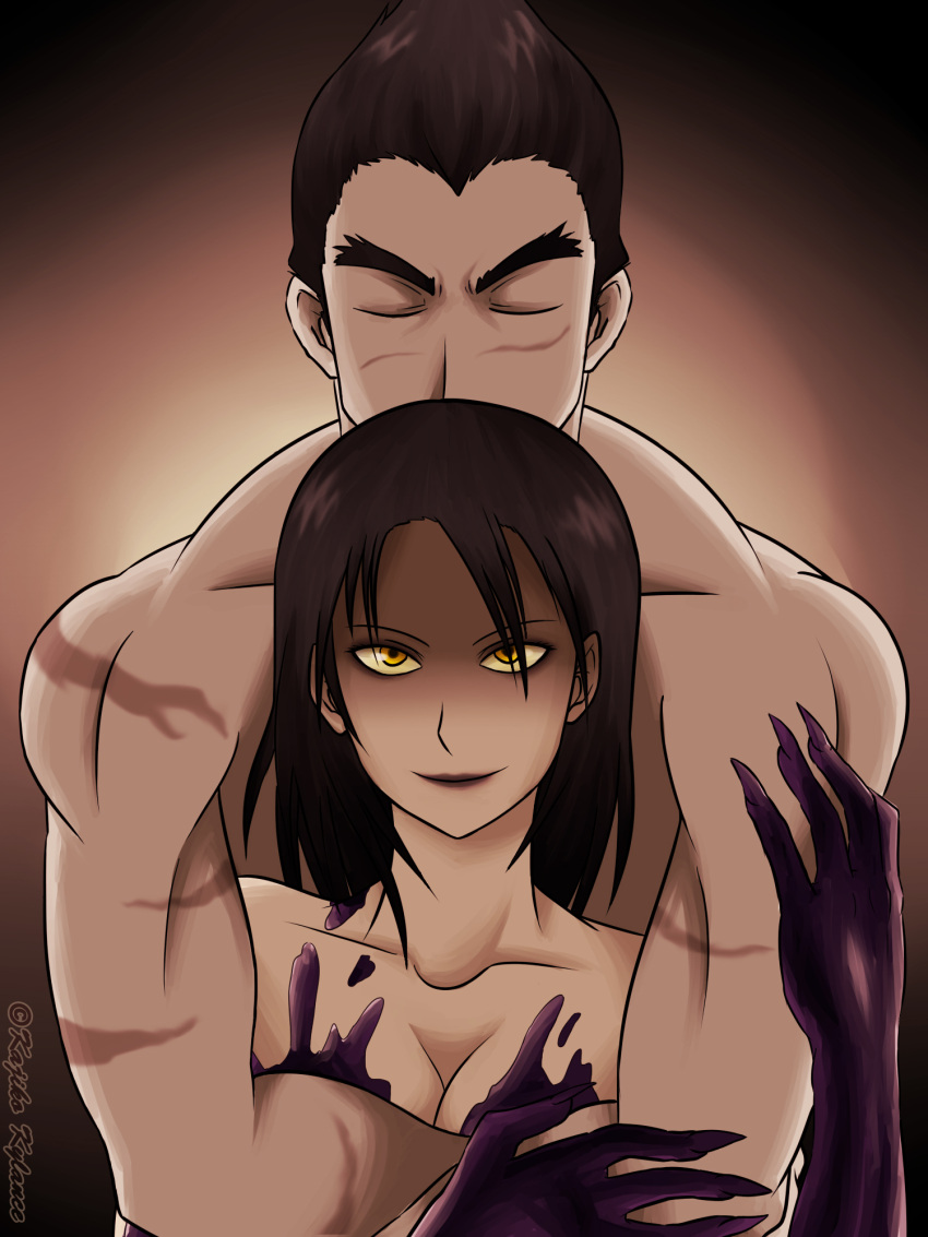 1boy black_hair breasts cleavage closed_eyes commentary_request dark_persona female highres hug hug_from_behind kazama_jun kylance living_clothes long_hair medium_breasts mishima_kazuya nude photoshop_(medium) scar tekken thick_eyebrows unknown_(tekken) yellow_eyes