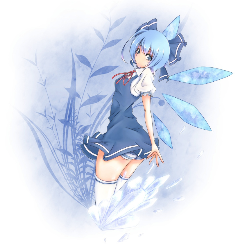 .sin bad_id bad_pixiv_id blue_bow blue_eyes blue_hair blue_skirt bow cirno female hairbow highres ice looking_at_viewer looking_back panties puffy_sleeves shirt short_hair short_sleeves skirt solo striped_clothes striped_panties teenage thighhighs touhou underwear white_thighhighs wings