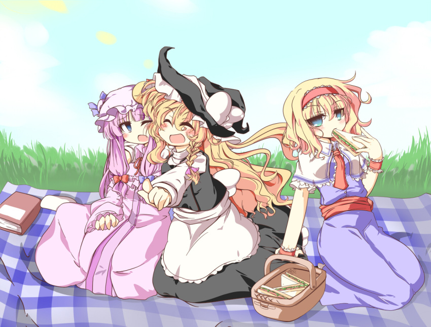 172cm 3girls alice_margatroid basket blonde_hair blue_eyes book bow braid capelet commentary_request crescent day dress eating food grass hairband hairbow hat kirisame_marisa long_hair multiple_girls open_mouth outdoors patchouli_knowledge picnic picnic_basket purple_hair ribbon sandwich sash short_hair single_braid sitting sky touhou witch_hat wrist_cuffs