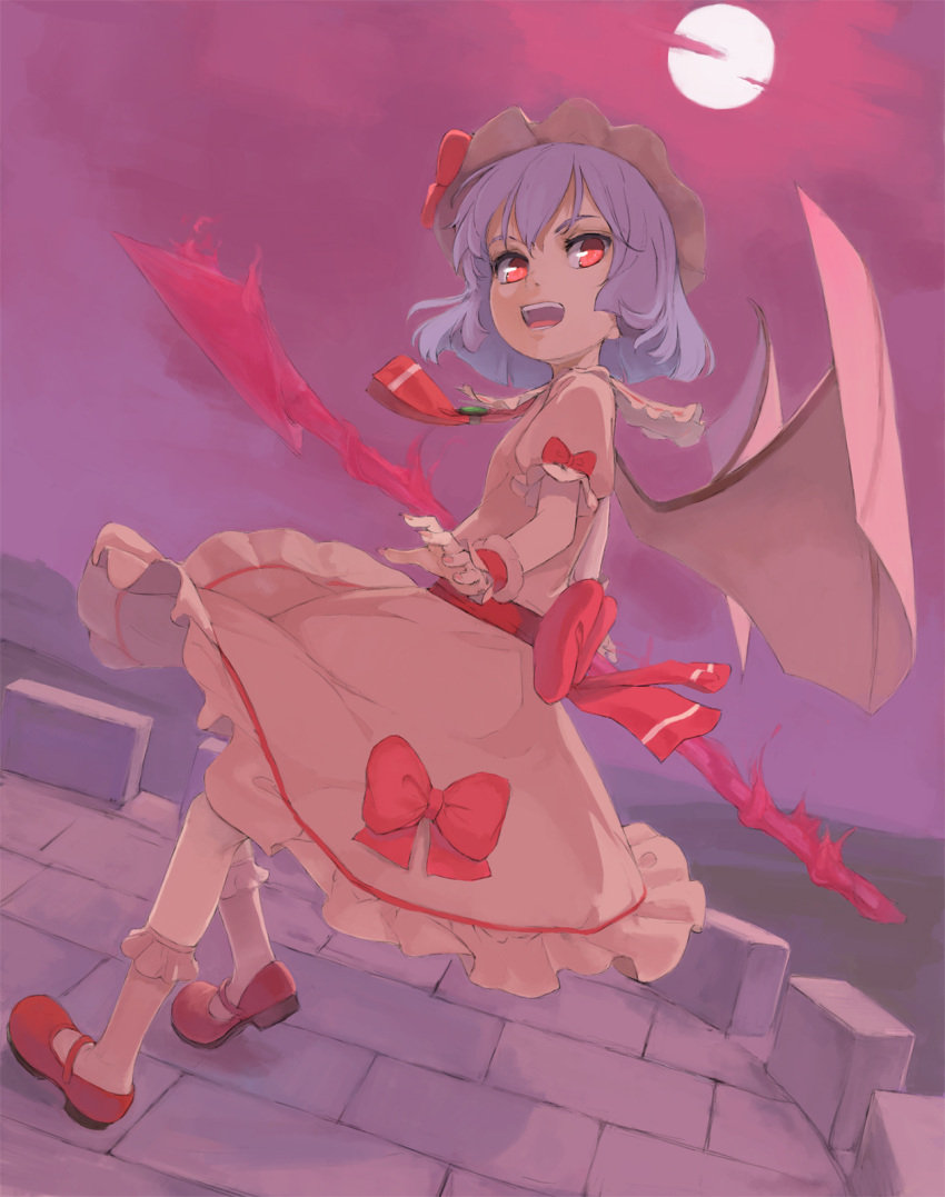 :d ascot bat_wings bow commentary_request dress female full_moon hat highres kuroko_(piii) looking_at_viewer mary_janes moon open_mouth purple_hair red_eyes remilia_scarlet shoes short_hair smile solo spear_the_gungnir touhou wings wrist_cuffs