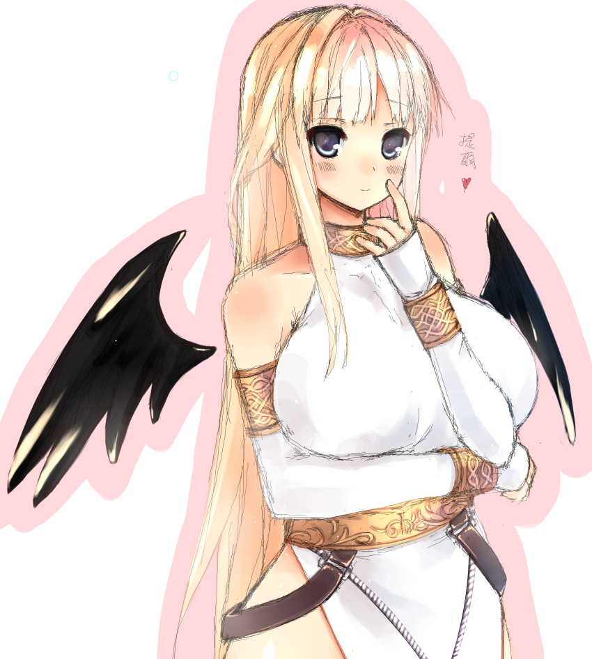 bare_shoulders blonde_hair blue_eyes blush breasts commentary_request cosplay female half_updo heart highres huatu_jiang huge_breasts light_smile long_hair mabinogi mabinogi_heroes morrighan morrighan_(cosplay) solo tieve translation_request wings