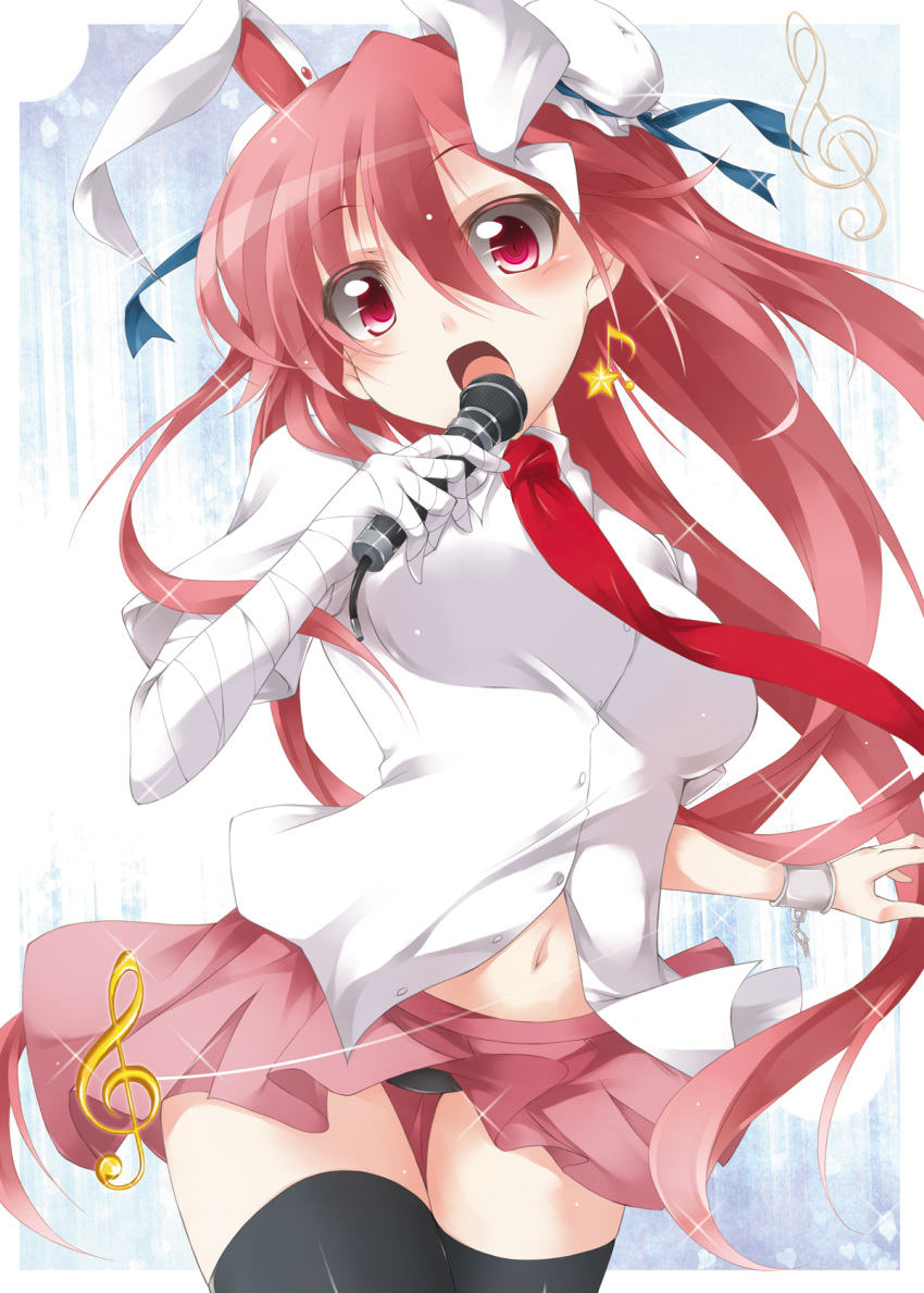 animal_ears bad_id bad_pixiv_id bandages black_panties black_thighhighs blush cosplay cuffs double_bun dress_shirt female fuyuno_taka hair_bun highres ibaraki_kasen long_hair microphone musical_note navel necktie open_mouth panties photoshop_(medium) rabbit_ears red_eyes red_hair red_necktie reisen_udongein_inaba reisen_udongein_inaba_(cosplay) shackles shirt skirt solo thighhighs touhou underwear