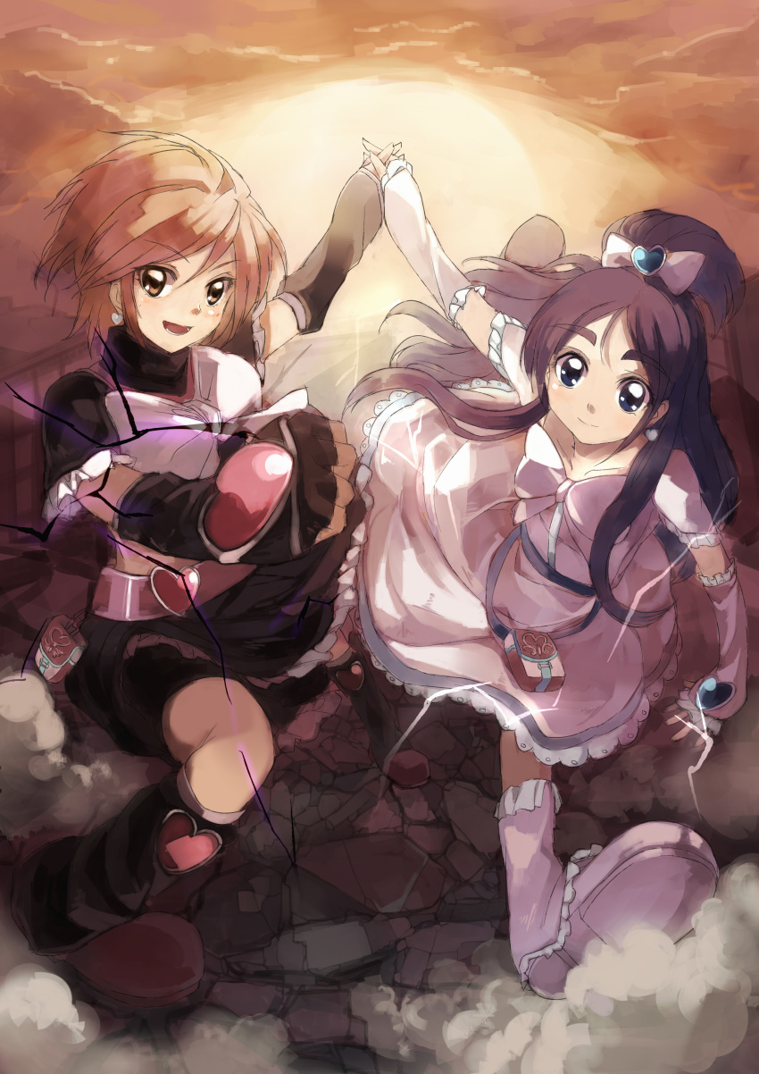 2girls absurdres bad_id bad_pixiv_id bike_shorts black_footwear black_hair blue_eyes blue_hair boots brown_eyes brown_hair cure_black cure_white dress earrings futari_wa_precure gloves hair_ribbon half_updo heart highres holding_hands interlocked_fingers jewelry ken_(coffee_michikusa) knee_boots long_hair magical_girl midriff misumi_nagisa multiple_girls precure ribbon short_hair shorts shorts_under_skirt skirt thick_eyebrows white_footwear yukishiro_honoka