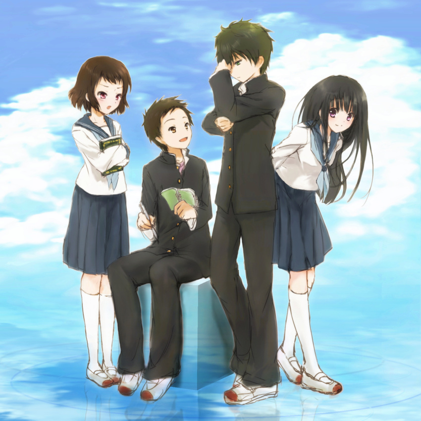 2boys 2girls black_hair book box brown_hair chitanda_eru coluel commentary_request fukube_satoshi gakuran green_eyes highres hyouka ibara_mayaka kamiyama_high_school_uniform_(hyouka) long_hair multiple_boys multiple_girls oreki_houtarou purple_eyes red_eyes school_uniform serafuku shoes short_hair uwabaki