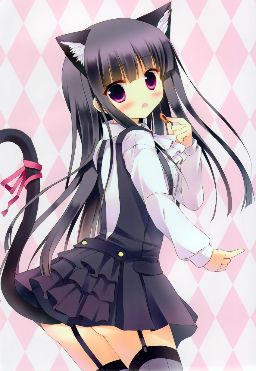 :o absurdres animal_ears azumi_kazuki black_hair blush cat_ears cat_tail female garter_straps highres holding inu_x_boku_ss long_hair looking_at_viewer paint.net_(medium) pink_eyes ribbon scan school_uniform shirakiin_ririchiyo skirt solo tail tail_ornament tail_ribbon thighhighs