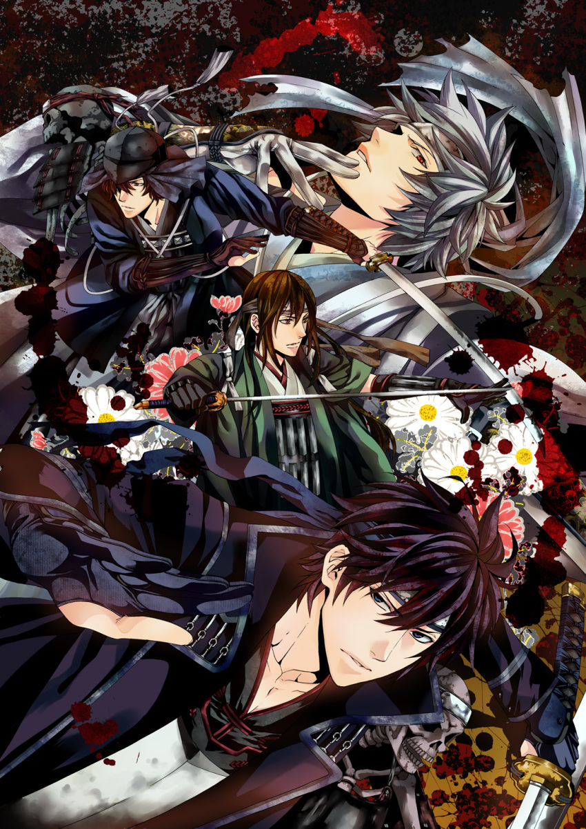 4boys bad_id bad_pixiv_id bk_cat black_hair blue_eyes brown_eyes brown_hair gintama grey_hair headband highres japanese_clothes joui katana katsura_kotarou long_hair male_focus multiple_boys photoshop_(medium) purple_hair red_eyes sakamoto_tatsuma sakata_gintoki skeleton sword takasugi_shinsuke weapon