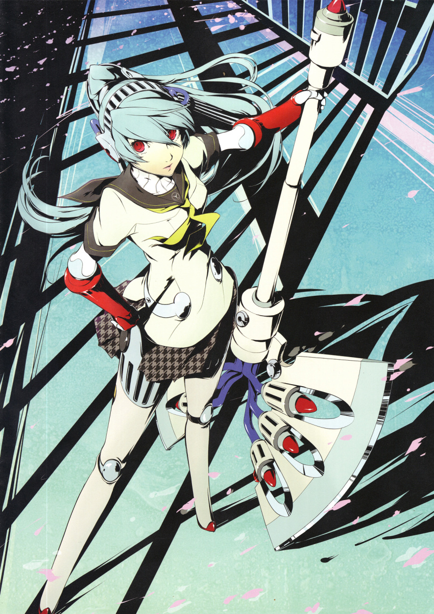 android atlus highres labrys long_hair official_art persona persona_4:_the_ultimate_in_mayonaka_arena ponytail red_eyes robot school_uniform silver_hair skirt soejima_shigenori weapon