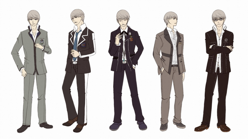 1boy alternate_costume ayachu commentary_request cosplay costume_chart crossed_arms dress_shirt gekkoukan_high_school_uniform glasses grey_eyes grey_hair hand_in_pocket headphones headphones_around_neck kanzato_shin kanzato_shin_(cosplay) male_focus multiple_persona naginomori_gakuen_high_school_uniform narukami_yuu necktie persona persona_1 persona_2 persona_3 persona_4 persona_trinity_soul school_uniform seven_sisters_high_school_uniform shirt smile st._hermelin_school_uniform suou_tatsuya suou_tatsuya_(cosplay) toudou_naoya toudou_naoya_(cosplay) yasogami_school_uniform yuuki_makoto_(persona_3) yuuki_makoto_(persona_3)_(cosplay)