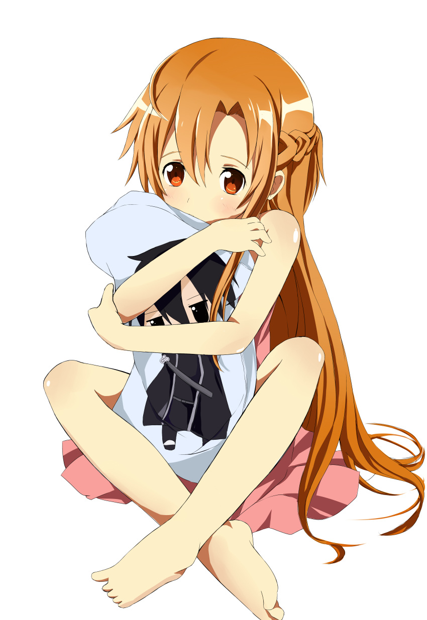 1boy absurdres asuna_(sao) bad_id bad_pixiv_id barefoot brown_eyes brown_hair dakimakura_(object) female highres hugging_object kirito long_hair pillow pillow_hug sakuraba_hikaru_(loveindog) sword_art_online