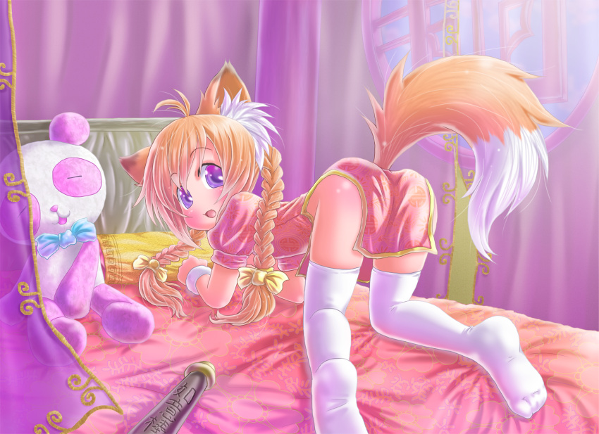 animal_ears blush bow braids chinese_dress doll foxgirl long_hair nopan orange_hair original panda purple_eyes renaoka tail thighhighs