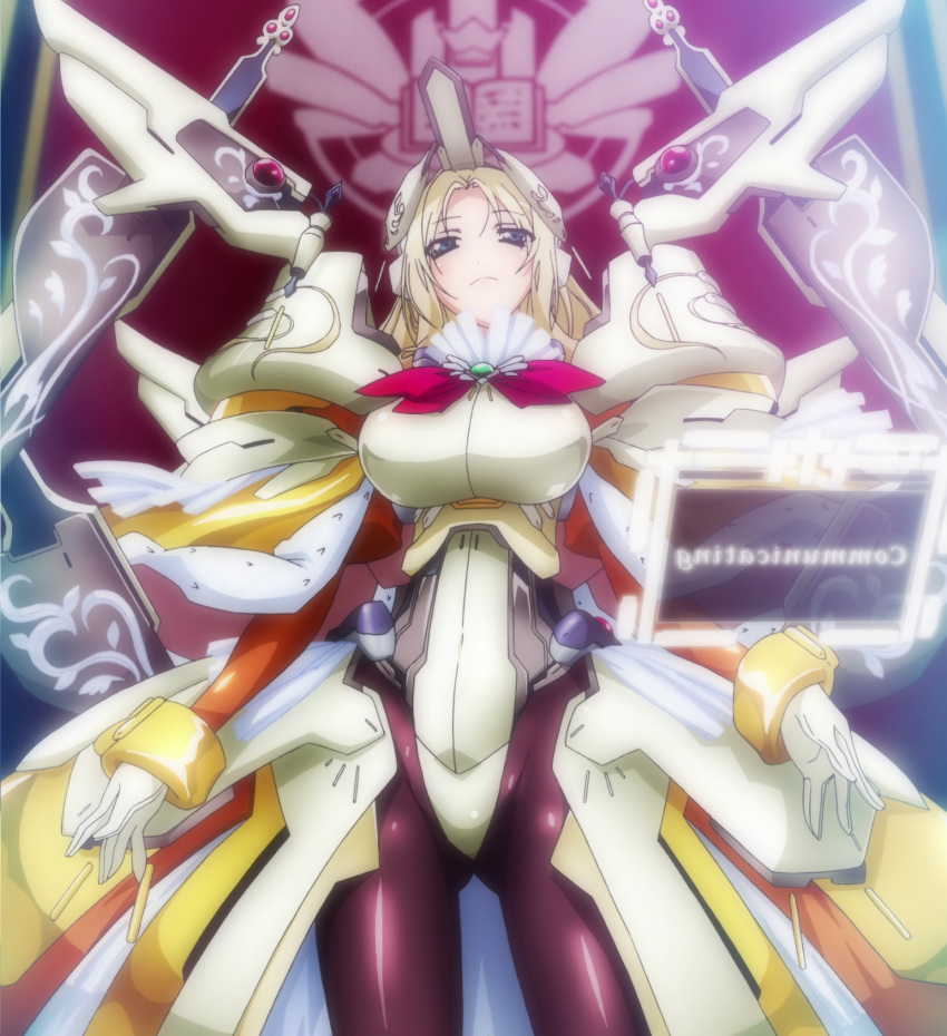 anime_screenshot armor blonde_hair bodysuit bow breasts elizabeth_(horizon) female gloves headpiece highres imageboard_desourced kyoukaisenjou_no_horizon large_breasts long_hair non-web_source pantyhose photoshop_(medium) solo stitched third-party_edit