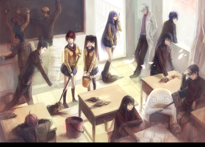 4girls 6+boys 6cat absurdres alternate_costume chalkboard classroom commentary_request desk elizabeth_(gintama) gakuran gintama highres hijikata_toushirou kagura_(gintama) kamui_(gintama) katsura_kotarou kondou_isao multiple_boys multiple_girls okita_sougo photoshop_(medium) sakata_gintoki sarutobi_ayame school_desk school_uniform serafuku shimura_shinpachi shimura_tae takasugi_shinsuke yagyuu_kyuubei