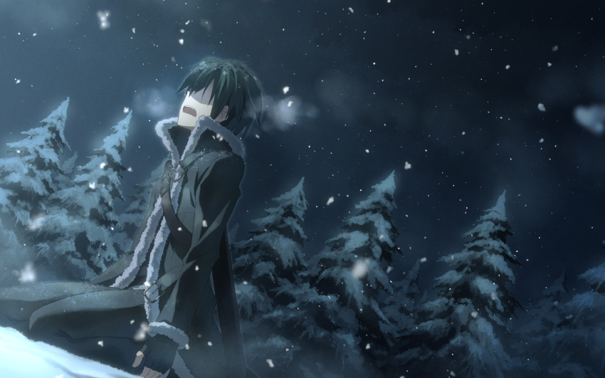 1boy belt black_belt black_hair black_theme blue_theme fingerless_gloves forest gloves hair_over_eyes highres kirito male_focus monochrome nature night no_eyes open_mouth outdoors scenery shaded_face sheath sheathed snow snowing sword sword_art_online sword_on_back teeth tree upper_teeth_only weapon weapon_on_back yuuki_tatsuya