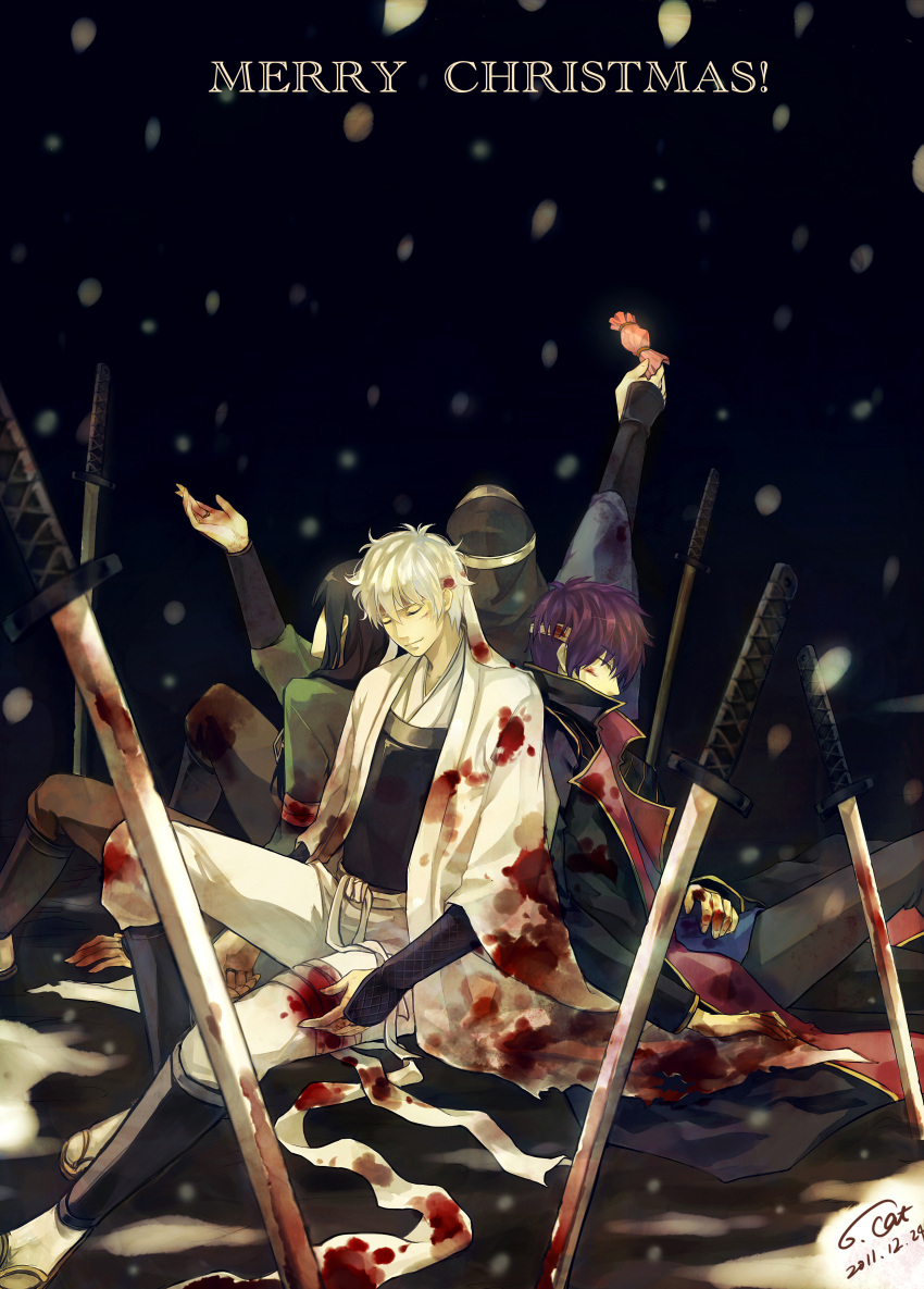 4boys 6cat absurdres black_hair brown_hair candy christmas commentary_request field_of_blades food gintama headband highres japanese_clothes joui katana katsura_kotarou kimono male_focus multiple_boys photoshop_(medium) planted planted_sword purple_hair sakamoto_tatsuma sakata_gintoki snowing sword takasugi_shinsuke weapon white_hair