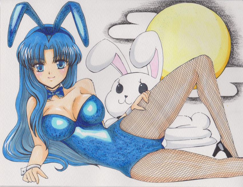 animal_ears asakura_ryouko bad_id bad_pixiv_id blue_eyes blue_hair breasts female fishnet_pantyhose fishnets full_moon high_heels highres large_breasts long_hair lying marker_(medium) moon official_alternate_costume on_side pantyhose playboy_bunny rabbit rabbit_ears rascal_(n119) shoes simple_background smile solo suzumiya_haruhi_no_yuuutsu traditional_media wrist_cuffs