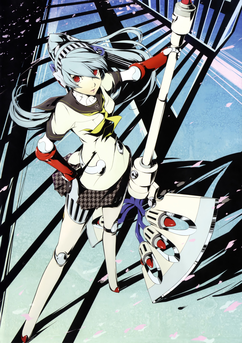 absurdres android aqua_hair axe battle_axe female from_above headphones highres joints labrys_(persona) long_hair official_art persona persona_4:_the_ultimate_in_mayonaka_arena pleated_skirt ponytail red_eyes robot_joints school_uniform skirt soejima_shigenori solo weapon