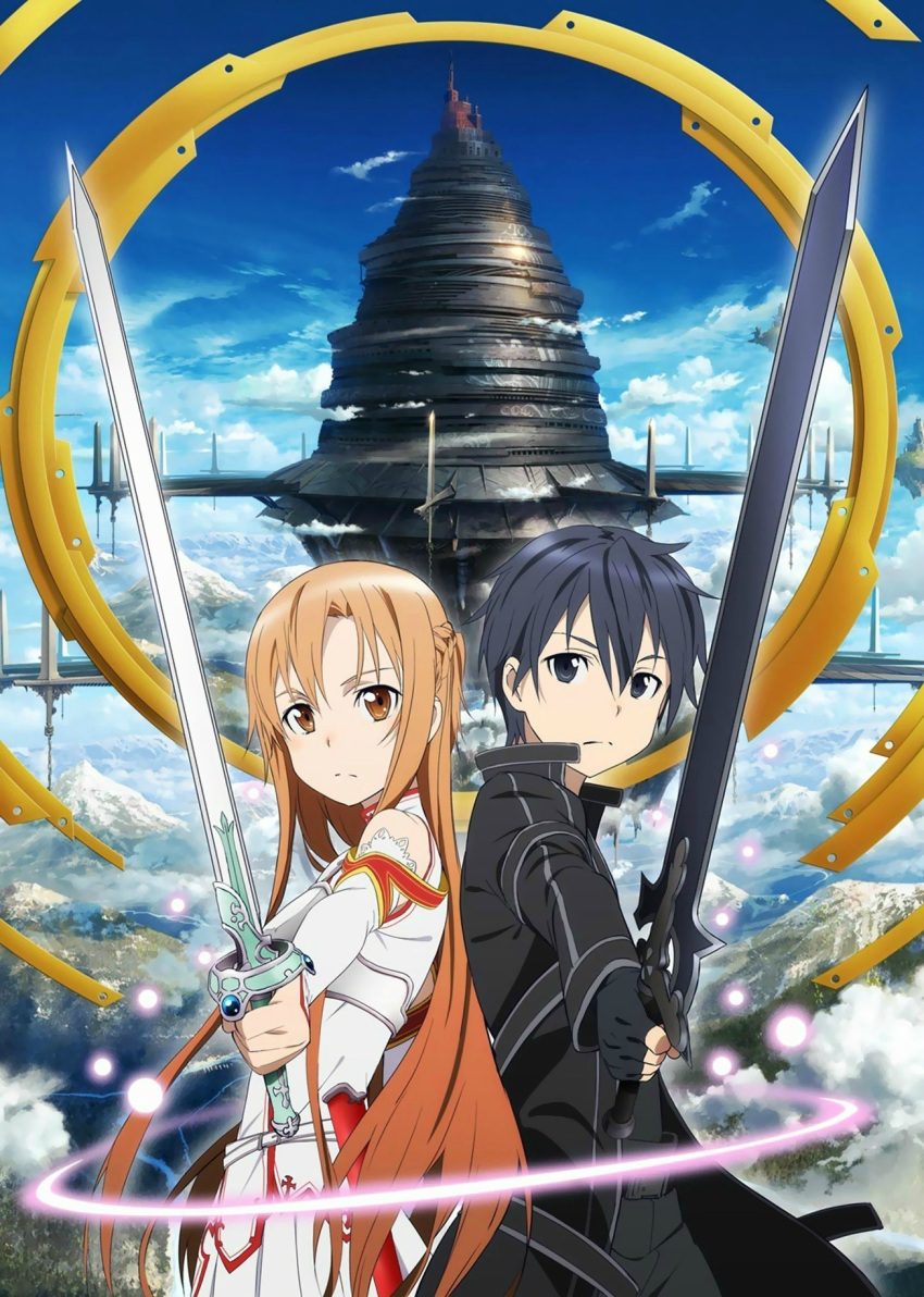 1boy adachi_shingo asuna_(sao) coat female highres kirito long_hair official_art sword sword_art_online tower weapon