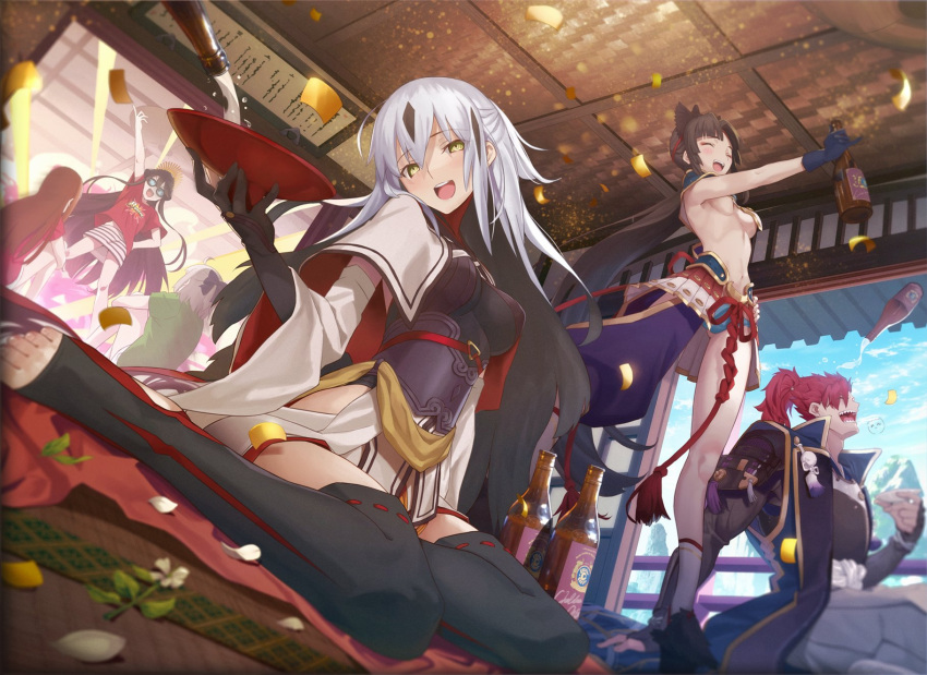 2boys 5girls alcohol aora armor artist_name black_gloves blush bottle breast_curtains breasts buster_shirt chacha_(fate) chaldea_logo confetti cup day fate/grand_order fate_(series) gloves hat highres holding holding_bottle holding_cup indoors japanese_armor kusazuri laughing legs_apart long_hair mori_nagayoshi_(fate) multiple_boys multiple_girls nagao_kagetora_(fate) navel oda_nobukatsu_(fate) oda_nobunaga_(fate) oda_nobunaga_(swimsuit_berserker)_(fate) oda_nobunaga_(swimsuit_berserker)_(first_ascension)_(fate) okita_souji_(fate) okita_souji_(koha-ace) petals pom_pom_(clothes) ponytail pouring revealing_clothes sakazuki sake sake_bottle sharp_teeth showgirl_skirt side_ponytail sitting socks standing stomach sunglasses tate_eboshi teeth thighhighs toeless_legwear underboob ushiwakamaru_(fate) white_socks yokozuwari