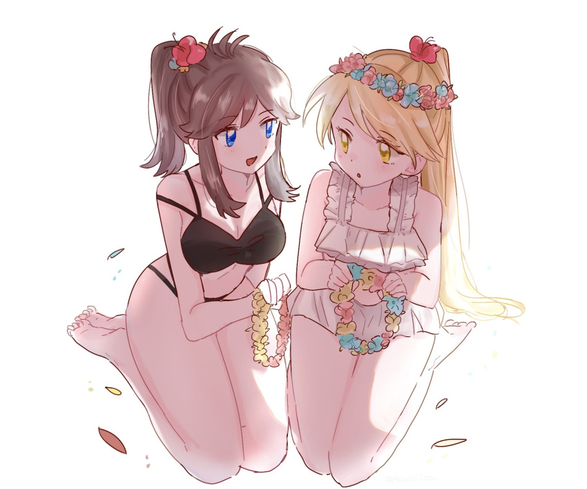 2girls :o ahoge bare_arms bare_legs bare_shoulders barefoot bikini black_bikini blonde_hair blue_eyes blush breasts brown_hair cleavage collarbone commentary_request flat_chest flower frilled_bikini frills green_(pokemon) hair_flower hair_ornament head_wreath highres holding holding_flower kuritiizu long_hair looking_at_another medium_breasts medium_hair multiple_girls open_mouth pokemon pokemon_adventures ponytail red_flower seiza sidelocks simple_background sitting swimsuit white_background white_bikini yellow_(pokemon) yellow_eyes