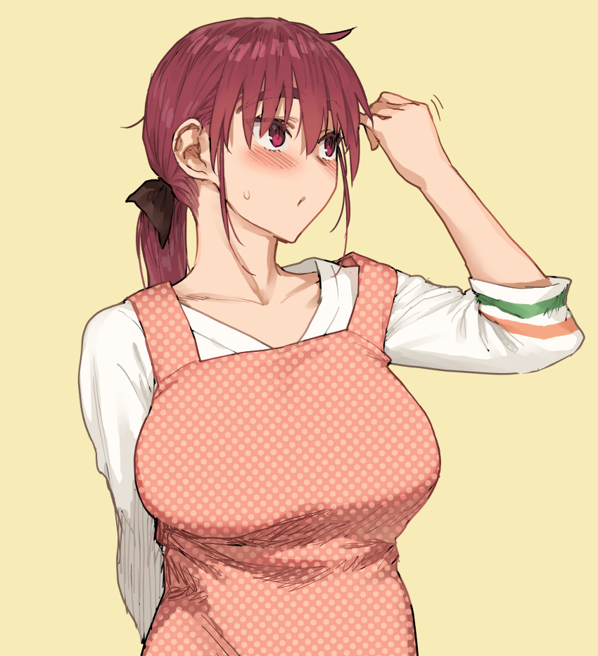 absurdres apron blush breasts female highres large_breasts long_sleeves looking_to_the_side medium_hair orange_apron original ponytail red_eyes red_hair shirt shoe-ji thick_eyebrows white_shirt