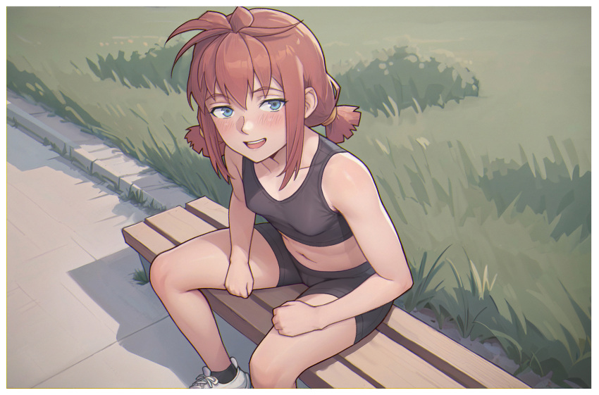 absurdres bench bike_shorts black_shorts black_tank_top blue_eyes commentary crop_top english_commentary everlasting_summer female grass highres leonzo low_twintails midriff navel open_mouth red_hair shoes shorts sitting smile sneakers solo tank_top twintails ussr-tan