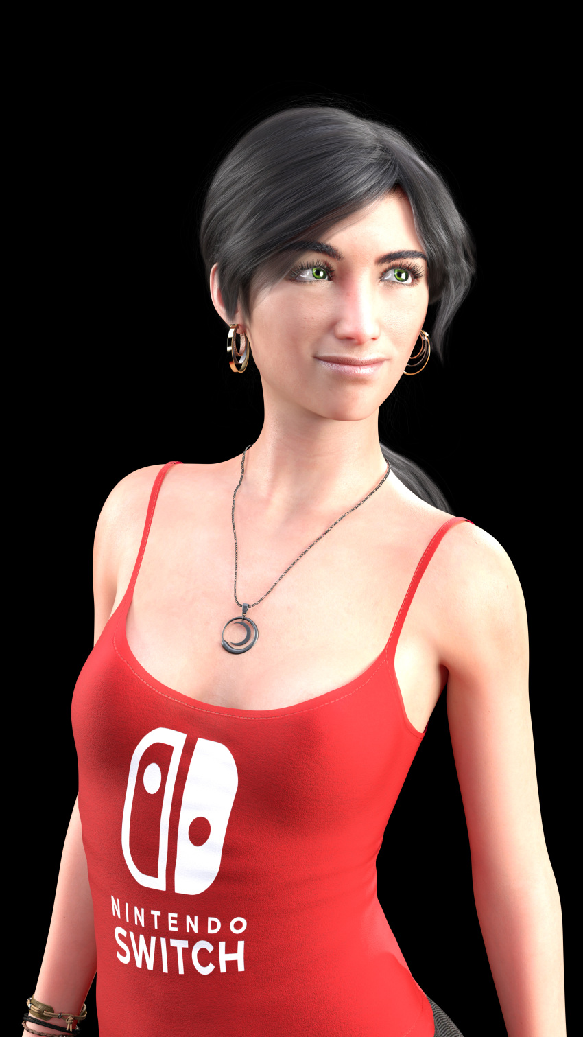 3d 3d_custom_girl 3dx black_background black_hair bracelets cgi cute digital_media_(artwork) earrings girlfriend green_eyes highres looking_away nintendo nintendo_switch nipple_bulge no_bra pendant perky_breasts petite ponytail red_shirt sakirah sakirah_rodaun small_breasts smile solo_female sweet tank_top