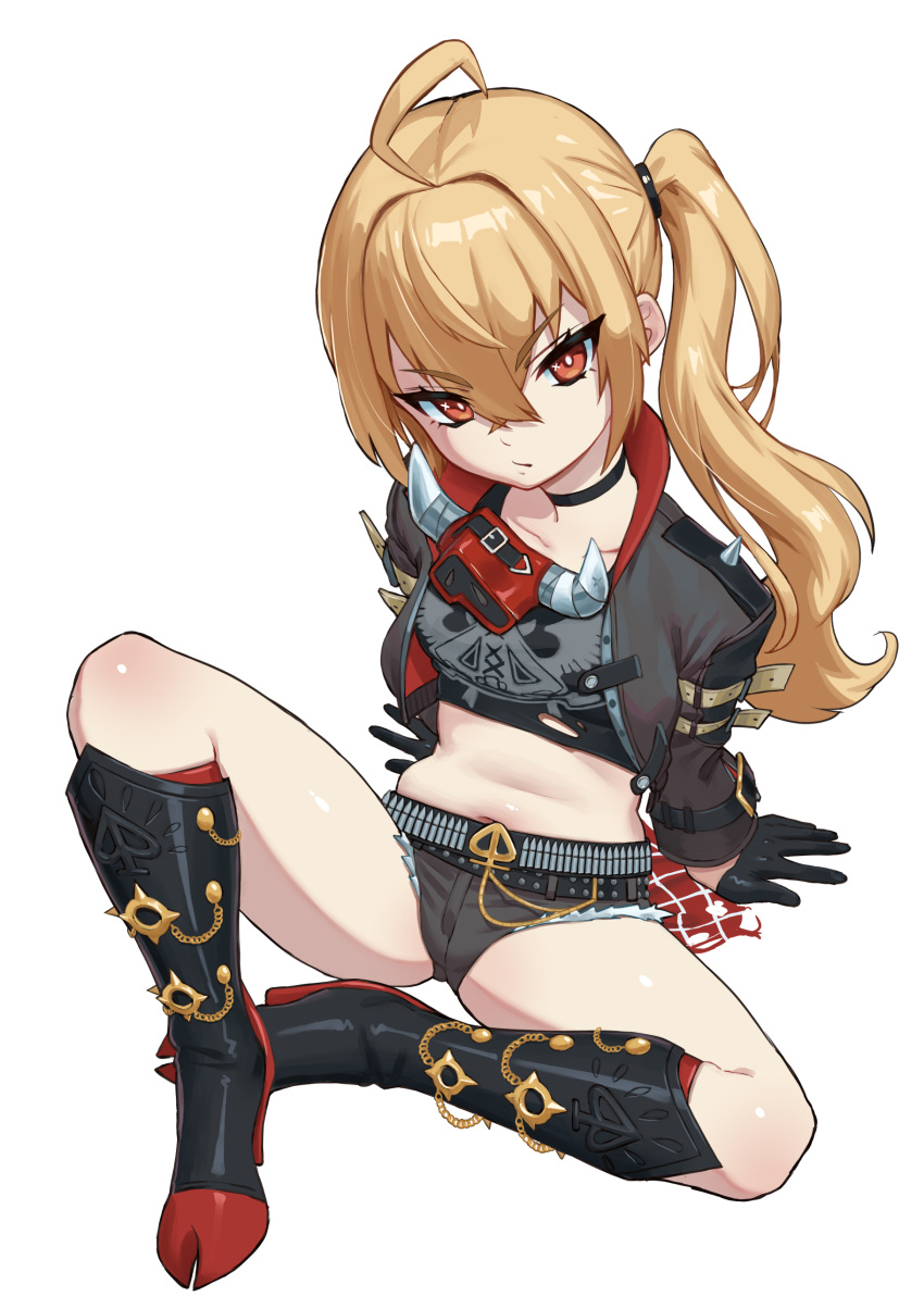 absurdres belt black_gloves blonde_hair boots carbon12th chains choker closed_mouth crop_top female gloves gold_chain half_gloves highres jacket leather leather_jacket long_hair lucy_(zenless_zone_zero) midriff navel no_headwear red_eyes side_ponytail solo stomach thighs zenless_zone_zero