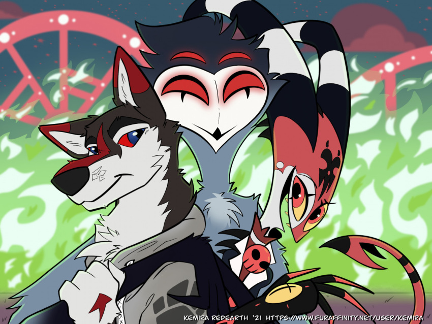 amusement_park amusement_ride anthro avian bird black_snout blitzo_(helluva_boss) blue_body blue_eyes blue_fur canid canine canis chest_tuft clothing cloud colored_fire demon dipstick_ears domestic_dog ear_markings ferris_wheel fire fur gradient_fur green_fire grey_body grey_fur group happy helluva_boss hoodie horn hug husky imp imp_tail kemira looking_at_viewer male mammal markings multicolored_ears multicolored_horn nordic_sled_dog oruv owl red_clouds red_ear_tips red_eyes red_markings red_sclera ringed_horn smile smiling_at_viewer spitz stolas_(helluva_boss) teeth toony topwear trio tuft two_tone_horn white_body white_fur yellow_sclera