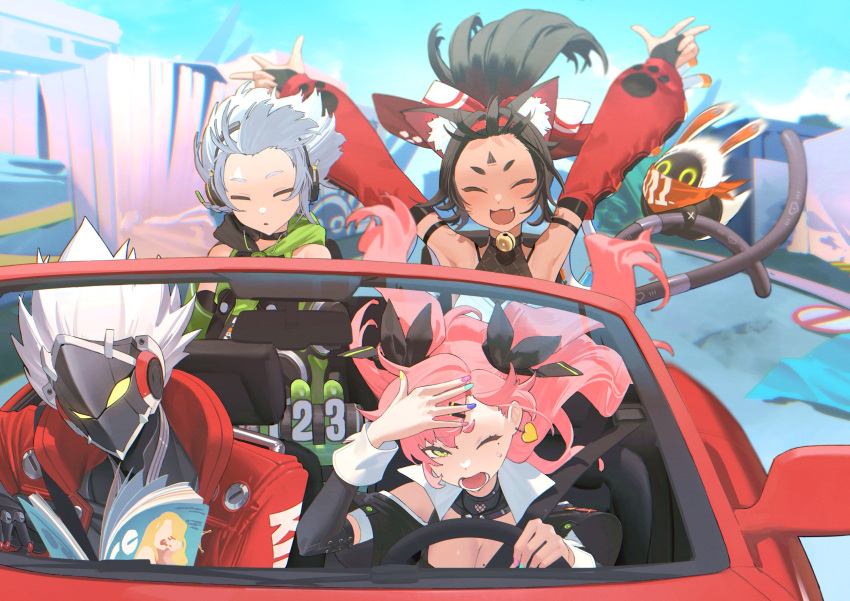 1boy 3girls anby_demara bangboo_(zenless_zone_zero) billy_kid breasts closed_eyes green_eyes hair_ornament hairclip headphones highres jacket kaoruko_(unkrk55) long_hair long_sleeves multiple_girls nekomiya_mana nicole_demara pink_hair red_jacket short_hair two_side_up white_hair zenless_zone_zero