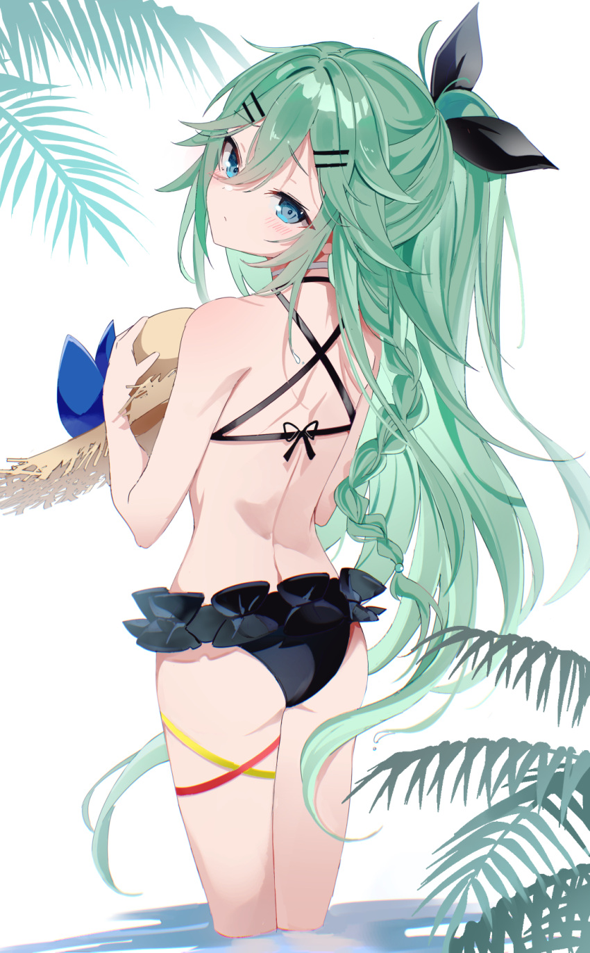 bare_back bare_shoulders bikini black_bikini black_ribbon blue_eyes blush closed_mouth fathom female frilled_bikini frills from_behind green_eyes green_hair hair_between_eyes hair_flaps hair_ornament hair_ribbon hairclip hat highres kantai_collection long_hair looking_at_viewer looking_back ponytail ribbon solo straw_hat sun_hat swimsuit thighs yamakaze_(kancolle) yamakaze_kai_ni_(swimsuit_mode)_(kancolle)