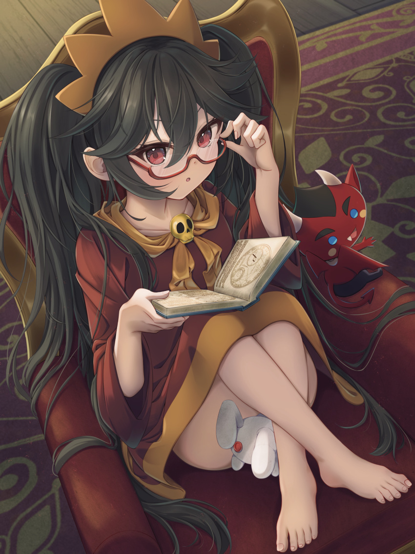 :o ashley_(warioware) barefoot black_hair blue_eyes book chair crossed_legs demon demon_horns demon_tail dress glasses hair_between_eyes highres holding holding_book horns long_hair looking_at_viewer matchamassa necktie nintendo on_chair open_book orange_necktie orange_trim reading red_(warioware) red_dress red_eyes rug semi-rimless_eyewear skull_ornament spell stuffed_animal stuffed_toy tail twintails warioware wooden_floor