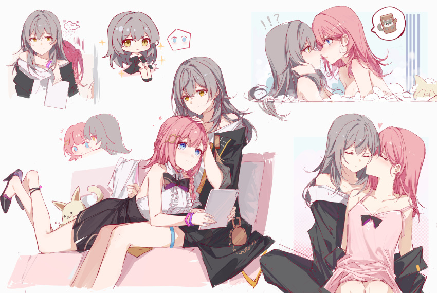 !? 2girls absurdres asta_(honkai:_star_rail) black_jacket blue_eyes braid chibi closed_eyes closed_mouth couch grey_hair headpat highres honkai:_star_rail honkai_(series) jacket kissing kissing_cheek long_hair long_sleeves looking_at_another multiple_girls multiple_views off-shoulder_shirt off_shoulder on_couch peppy_(honkai:_star_rail) pink_hair same-sex_bathing shared_bathing shirt simple_background sitting smile stelle_(honkai:_star_rail) trailblazer_(honkai:_star_rail) white_shirt yajuu yellow_eyes yuri