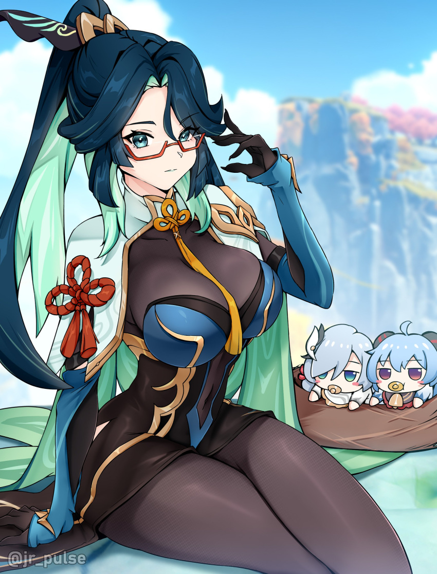 3girls absurdres aqua_eyes aqua_hair aqua_lips black_hair blue_hair bodystocking breasts chibi chinese_hairpin colored_inner_hair earrings ganyu_(genshin_impact) genshin_impact glasses gloves goat_horns hair_ornament high_ponytail highres horns jewelry jrpulse large_breasts long_hair looking_at_viewer multicolored_hair multiple_girls red-framed_eyewear semi-rimless_eyewear shenhe_(genshin_impact) solo_focus tassel tassel_earrings tassel_hair_ornament very_long_hair xianyun_(genshin_impact)