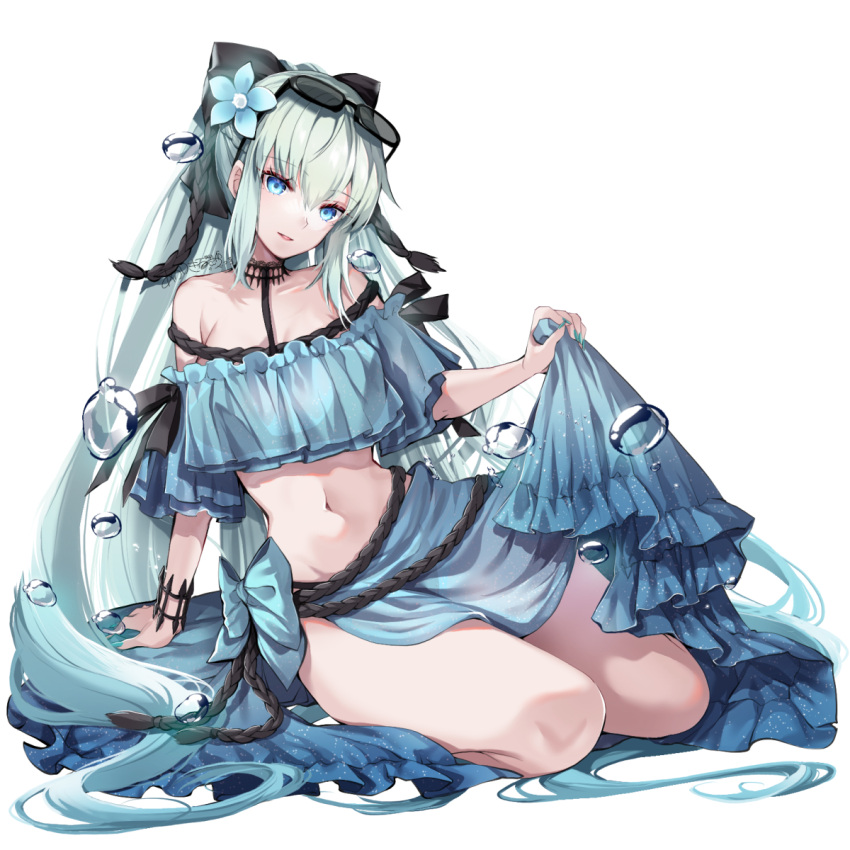 akatsuki_hijiri bare_shoulders bikini black_bow blue_bikini blue_eyes bow braid breasts fate/grand_order fate_(series) female flower grey_hair hair_flower hair_ornament hairbow highres large_breasts long_hair looking_at_viewer morgan_le_fay_(fate) navel open_mouth ponytail sarong sidelocks smile solo sunglasses swimsuit thighs very_long_hair