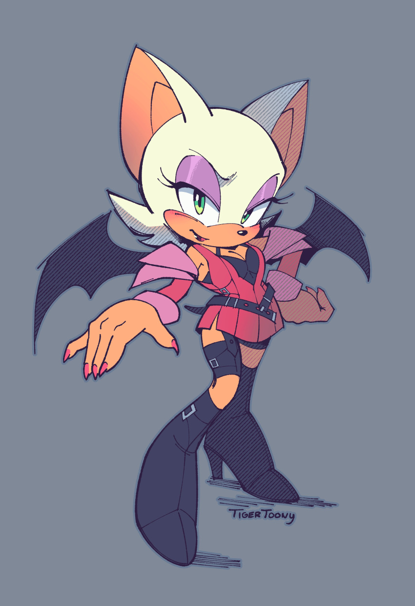 absurd_res anthro bat bloody_roar boots breasts cleavage clothed clothing colored_nails cosplay crossover crossover_cosplay eyeshadow female footwear fur half-closed_eyes hi_res high_heeled_boots high_heels jenny_the_bat konami looking_at_viewer makeup mammal nails narrowed_eyes rouge_the_bat sega signature simple_background solo sonic_the_hedgehog_(series) tan_body tan_skin tigertoony white_body white_fur wings